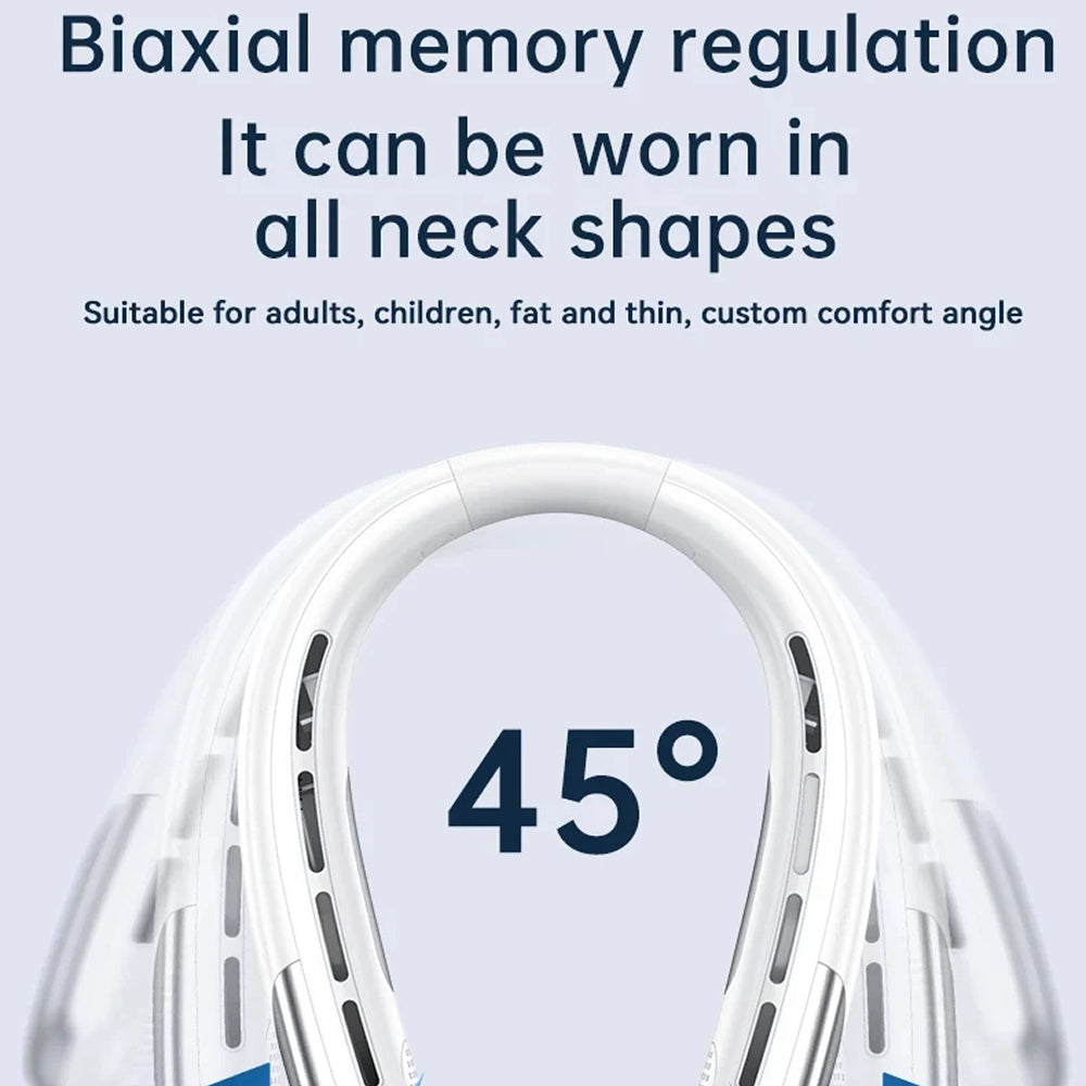 AuraIcyy Neck Fan support device with text about biaxial memory regulation and customizable comfort angle on a light blue background.