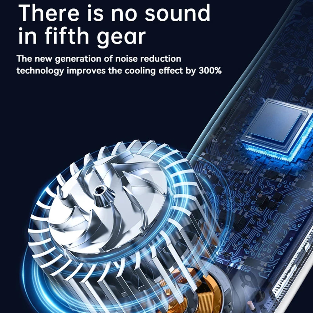 Technical illustration of a cooling system with text about noise reduction technology