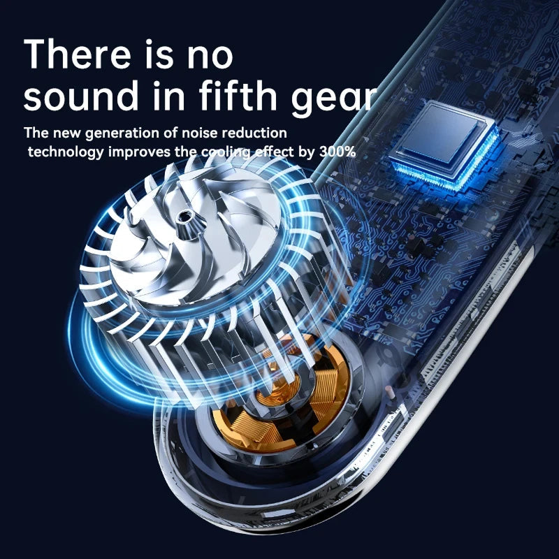 Technical illustration of a AuraIcyy Neck Fan system with text about noise reduction technology on a dark background