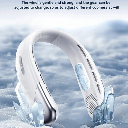 AuraIcyy Neck Fan gear-like device with ice crystals on a snowy background