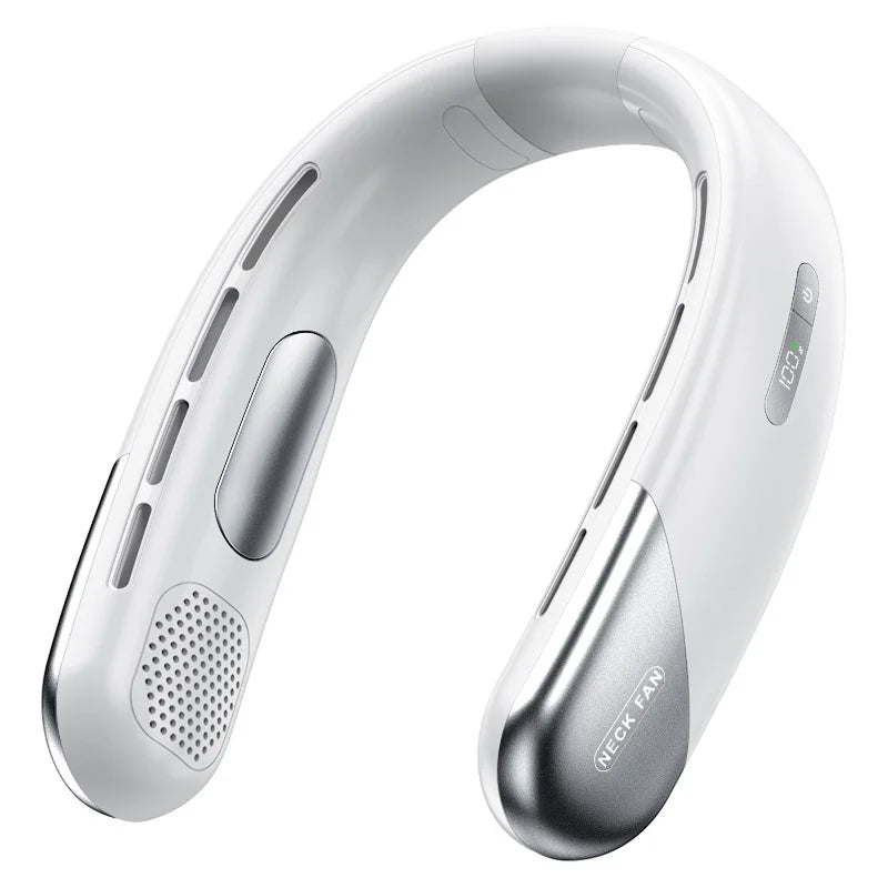 White AuraIcyy Neck Fan with silver accents on a white background