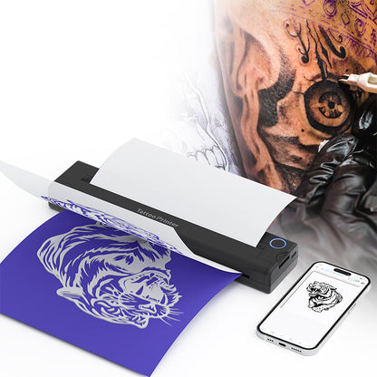 Phone with AuraLink Tattoo Printer and smartphone displaying tattoo design, with a tattooed person in the background.