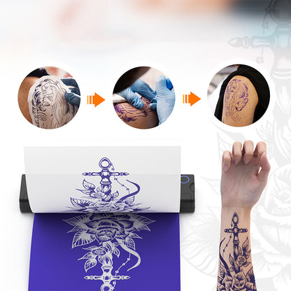 AuraLink Tattoo Printer stencil with completed tattoos on skin and a hand with a tattoo.