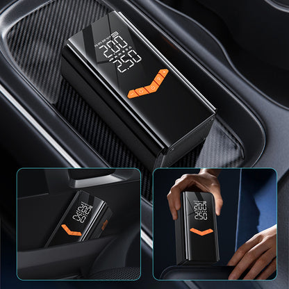 Car Auralink 2 in 1 Tyre Inflator Jump Starter with digital display and temperature indicator, placed in a car's air vent.