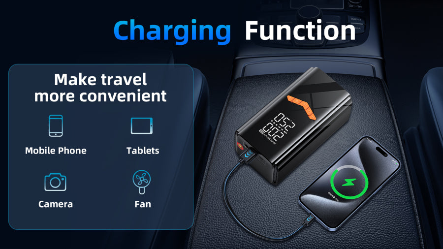 Portable Auralink 2 in 1 Tyre Inflator Jump Starter with charging functions for electronic devices on a car seat.