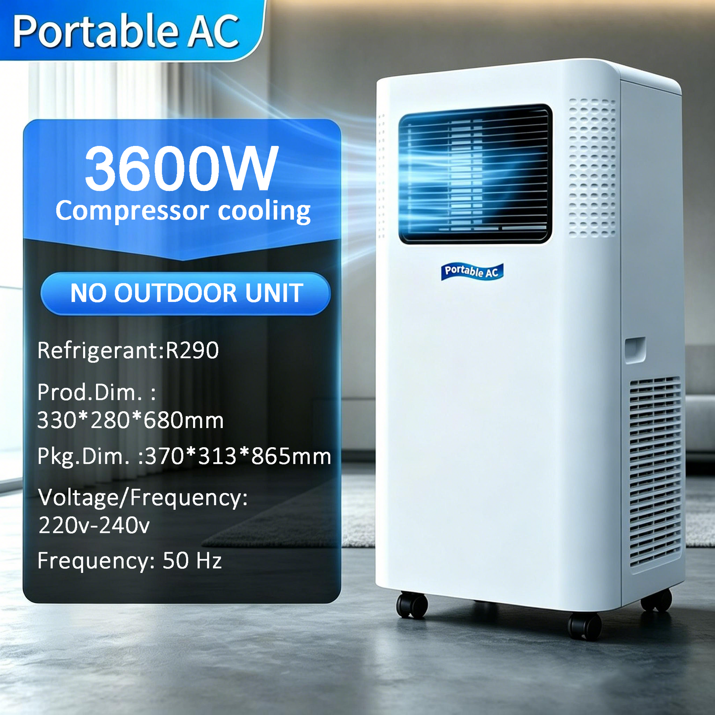 White Auralink Portable Air Conditioner window air conditioner with a front vent panel and side grilles, shown next to a blue specification overlay on a blurred indoor background.