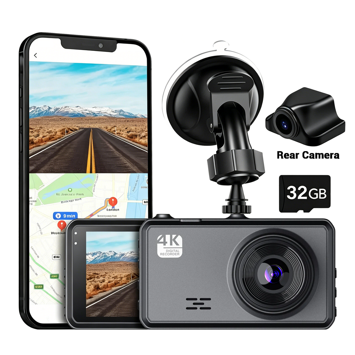 Black 4K Auralink Dash Cam with a suction mount, rear camera module, and 32GB memory card, shown alongside a smartphone displaying recorded road-trip footage on a clean white background.