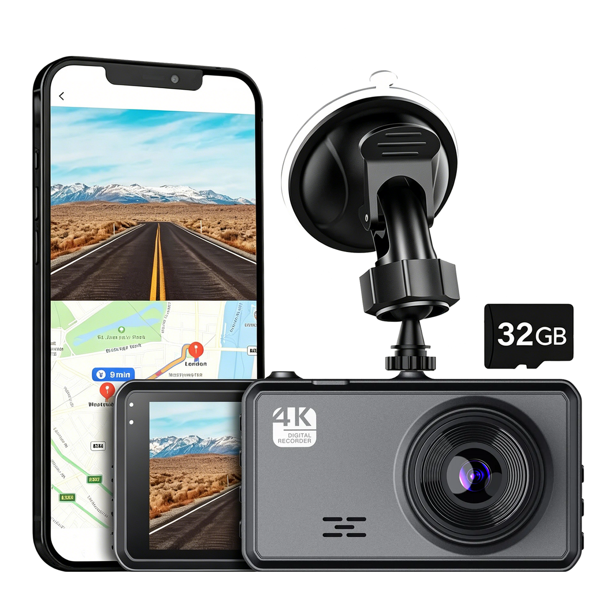 Black 4K Auralink Dash Cam with a suction mount, shown alongside a smartphone displaying road and map screens and a 32GB memory card on a white background.