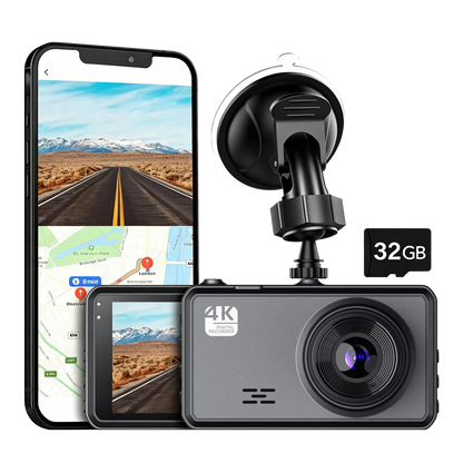 Black 4K Auralink Dash Cam with a suction mount, shown alongside a smartphone displaying road and map screens and a 32GB memory card on a white background.