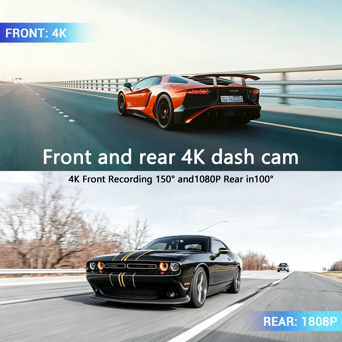 Promotional graphic for a 4K Auralink Dash Cam showing front and rear views of cars on a highway. The top half shows an orange sports car with text reading 'FRONT: 4K' and 'Front and rear 4K dash cam'.