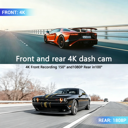 Promotional graphic for a 4K Auralink Dash Cam showing front and rear views of cars on a highway. The top half shows an orange sports car with text reading 'FRONT: 4K' and 'Front and rear 4K dash cam'.