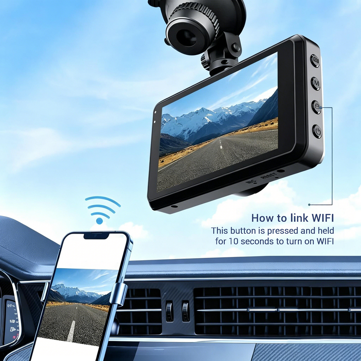 Black car Auralink Dash Cam with a rear view screen and side buttons, mounted on a windshield clip in a car interior. A smartphone below shows a matching road scene on screen, with a wireless signal icon and text explaining how to link WIFI.