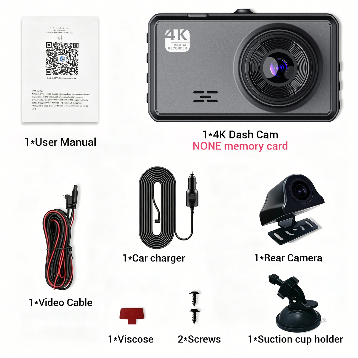 A 4K Auralink Dash Cam kit shown on a white background with included accessories and labels: user manual, front-facing dash cam, rear camera, video cable, car charger, suction cup holder, visose, screws, and a note saying NONE memory card.