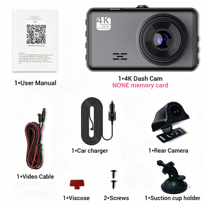 A 4K Auralink Dash Cam kit shown on a white background with included accessories and labels: user manual, front-facing dash cam, rear camera, video cable, car charger, suction cup holder, visose, screws, and a note saying NONE memory card.