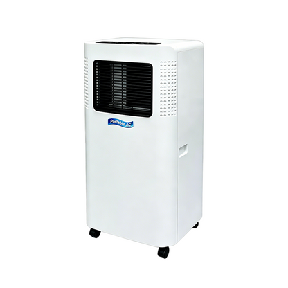 A white Auralink Portable Air Conditioner with a black front grille, side vent holes, and black caster wheels, featuring a blue and white 'Powerade' logo on the front.