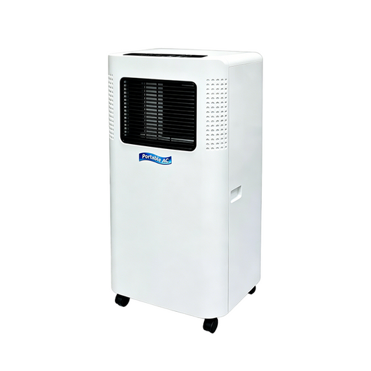 A white Auralink Portable Air Conditioner with a black front grille, side vent holes, and black caster wheels, featuring a blue and white 'Powerade' logo on the front.