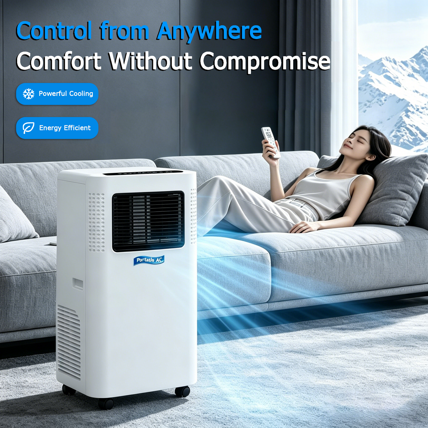 A portable white Auralink Portable Air Conditioner with wheels stands on a gray carpet in a living room, with a woman reclining on a light gray sofa in the background. Blue graphic rays and text highlight cooling and energy efficiency features.
