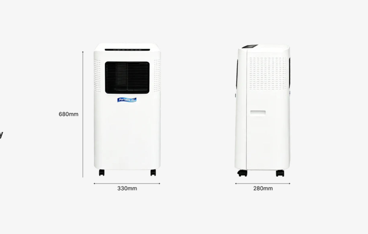 White Auralink Portable Air Conditioner shown from two angles with dimension labels: 680mm height, 330mm width, and 280mm depth, on a light gray background.
