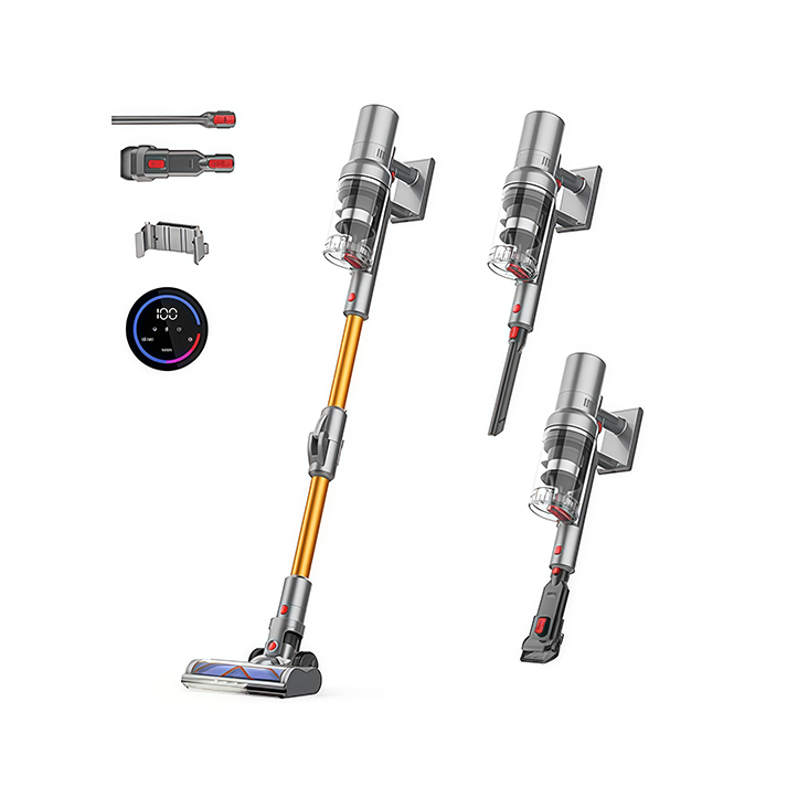 Stylized image of a Auralink Vacuum Cleaner  with attachments on a white background