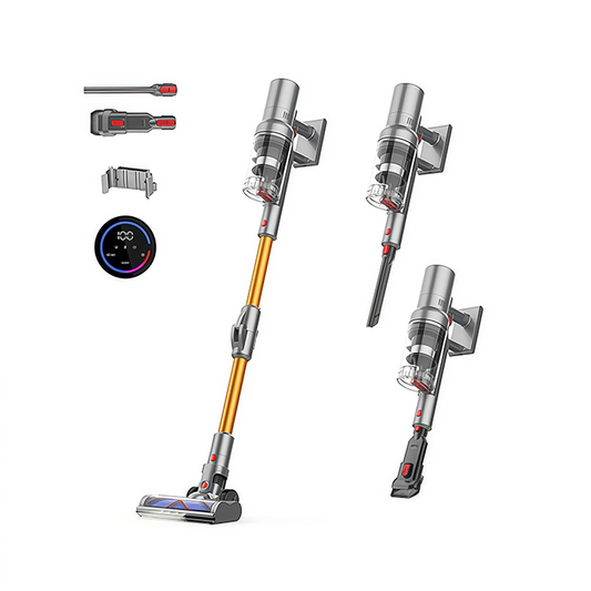 Stylized image of a Auralink Vacuum Cleaner  with attachments on a white background