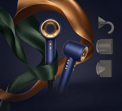 Blue Aurevia Smart Ionic Hairdryer with gold accents on a dark background with leaves and ribbons.