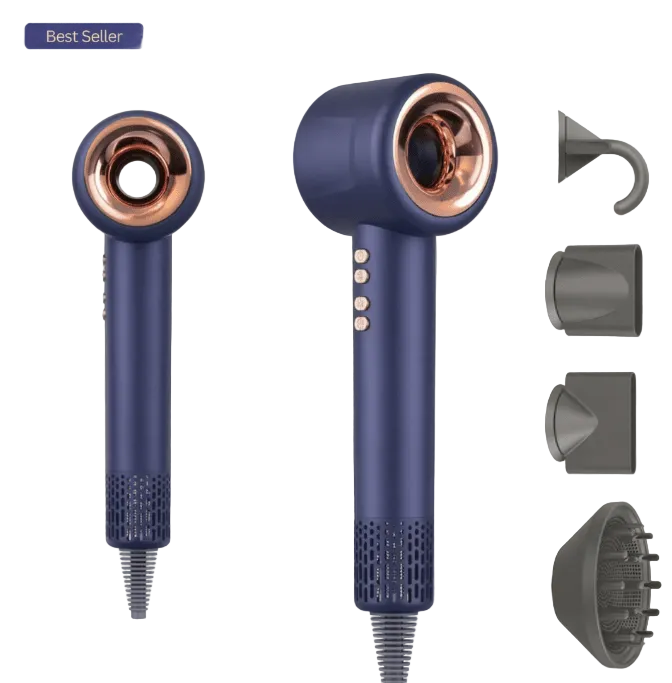 Blue Aurevia hair dryer with multiple attachments on a light gray background