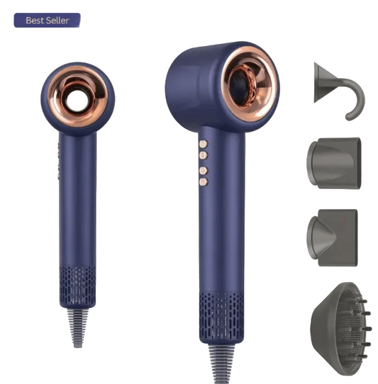 Blue Aurevia hair dryer with multiple attachments on a light gray background
