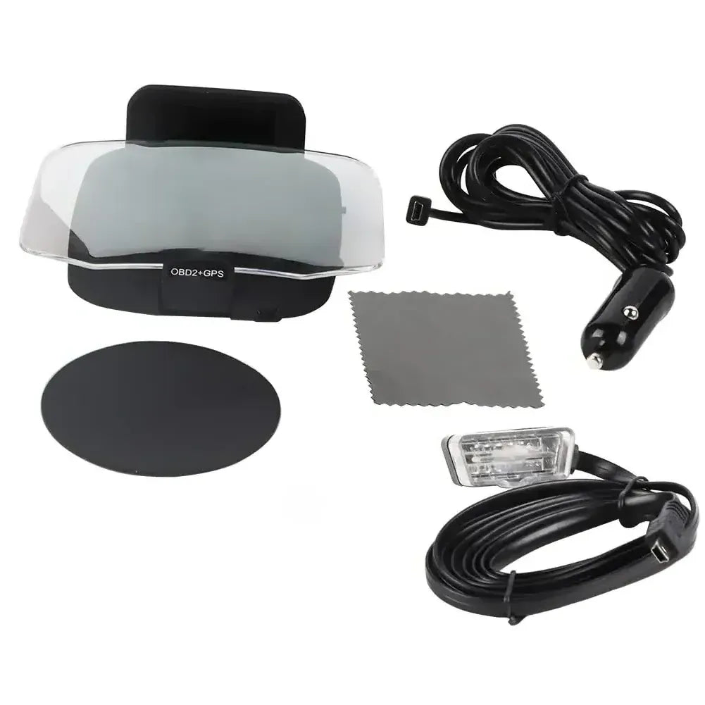 Autenvi HD70 HUD packaging contents - device OBD cable USB cable anti-slip pad cleaning cloth manual