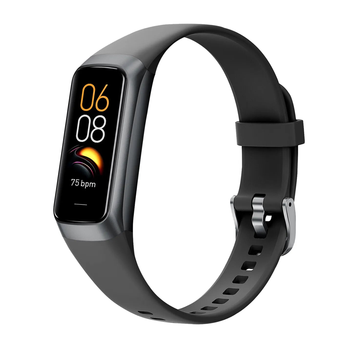 Black Avinora Smart Fitness Tracker with a display on a white background
