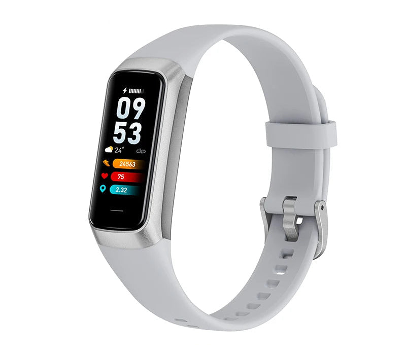 White Avinora Smart Fitness Tracker with a digital display on a white background
