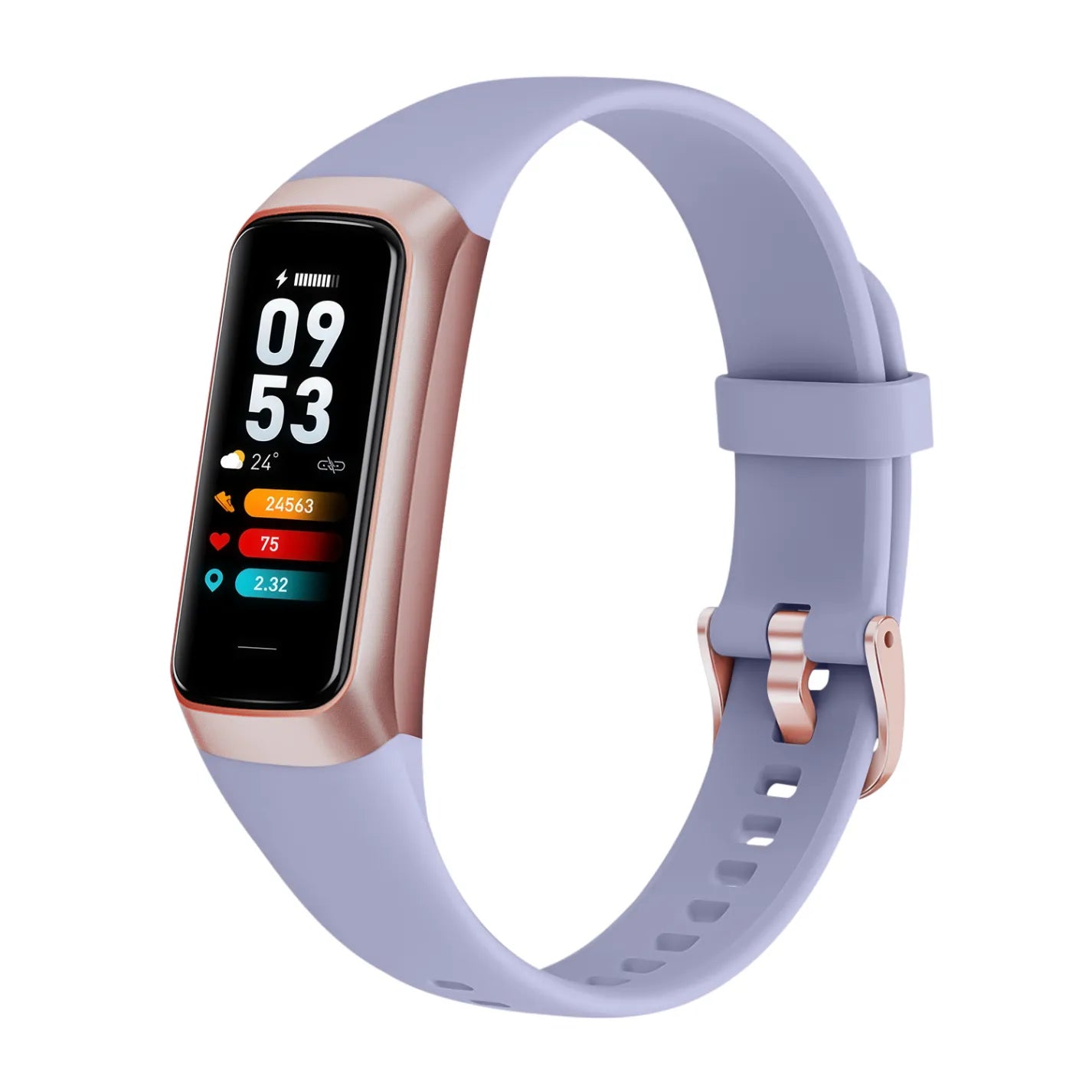 Avinora Smart Fitness Tracker with a light purple band and rose gold accents on a white background