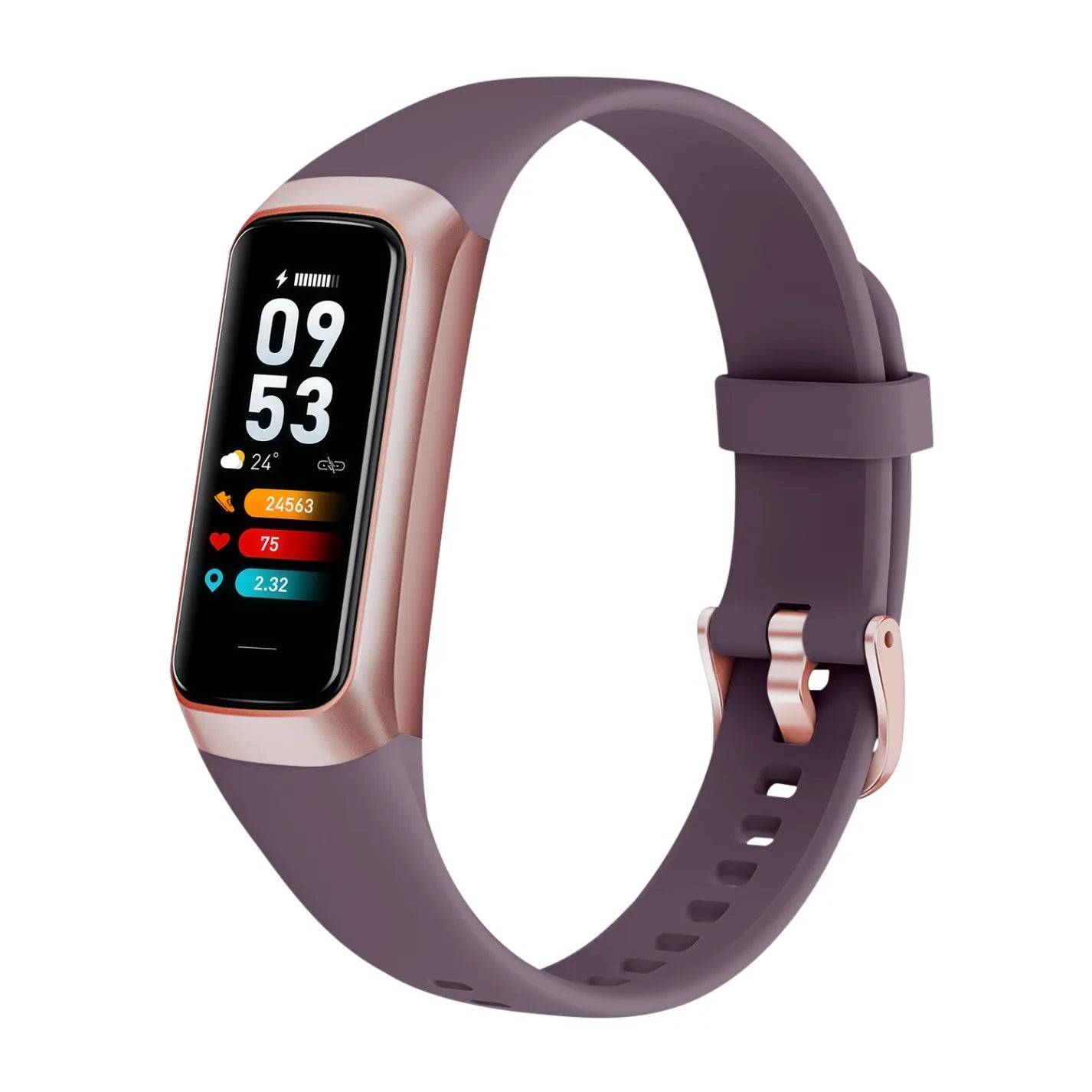 Fitness tracker with a Avinora Smart Fitness Tracker band on a white background