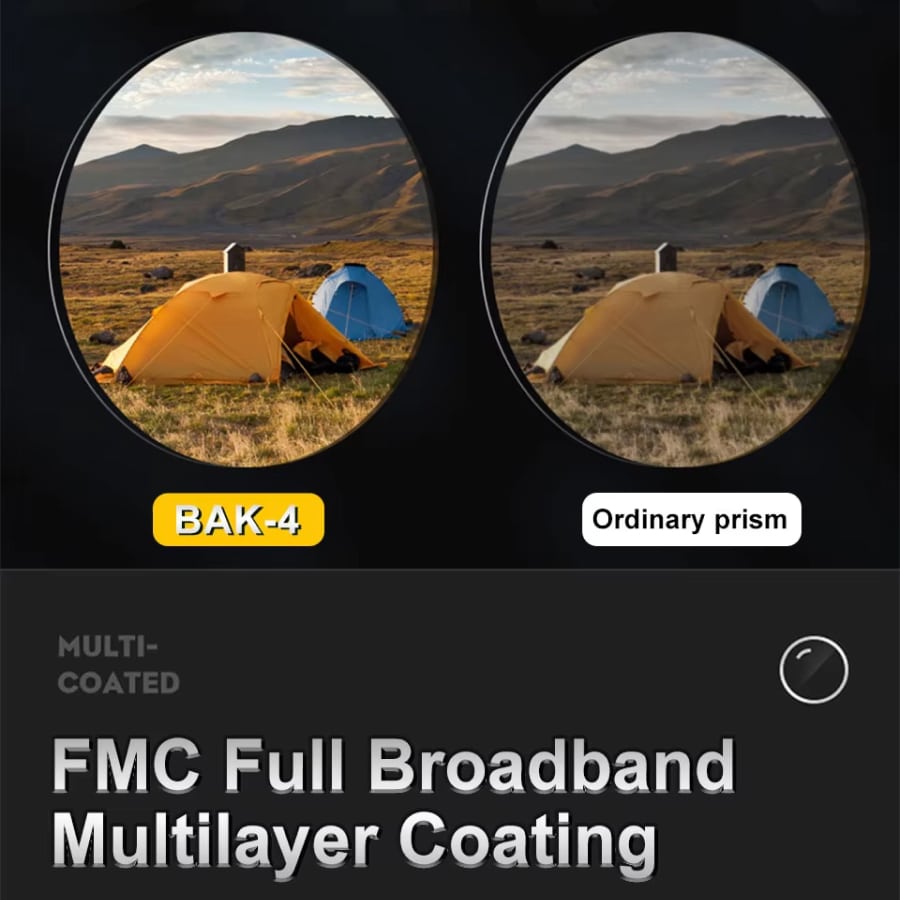 Comparison of BAK-4 and ordinary prism lenses showing a landscape with tents.