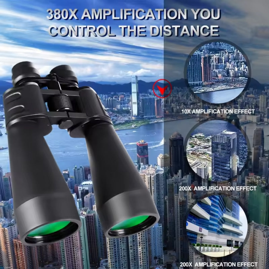 Binoclyx Binocular  with amplification effects displayed against a cityscape background