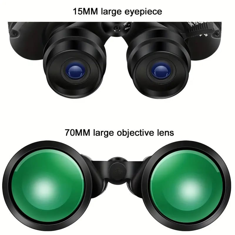 Close-up of Binoclyx Binocular  with labeled 15MM large eyepiece and 70MM large objective lens on a white background.