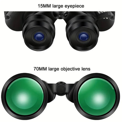 Close-up of Binoclyx Binocular  with labeled 15MM large eyepiece and 70MM large objective lens on a white background.