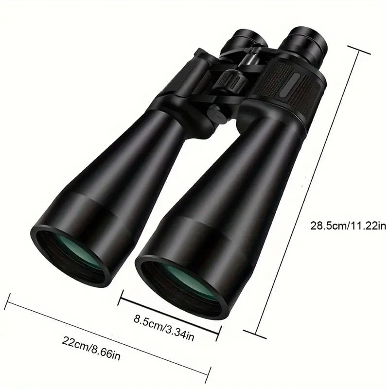 Black Binoclyx Binocular with measurements on a white background