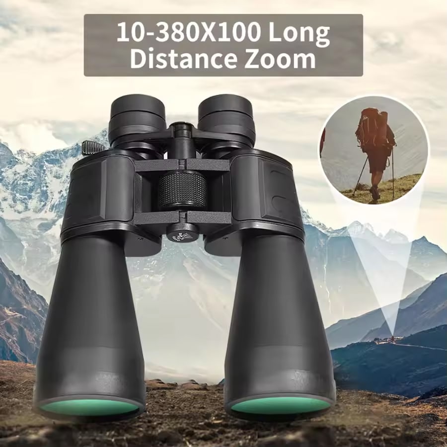 Black Binoclyx Binocular with long-distance zoom feature against a mountainous landscape background.