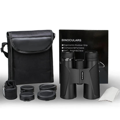 Black BixCelix Binocular with carrying case and cleaning cloth on a white background