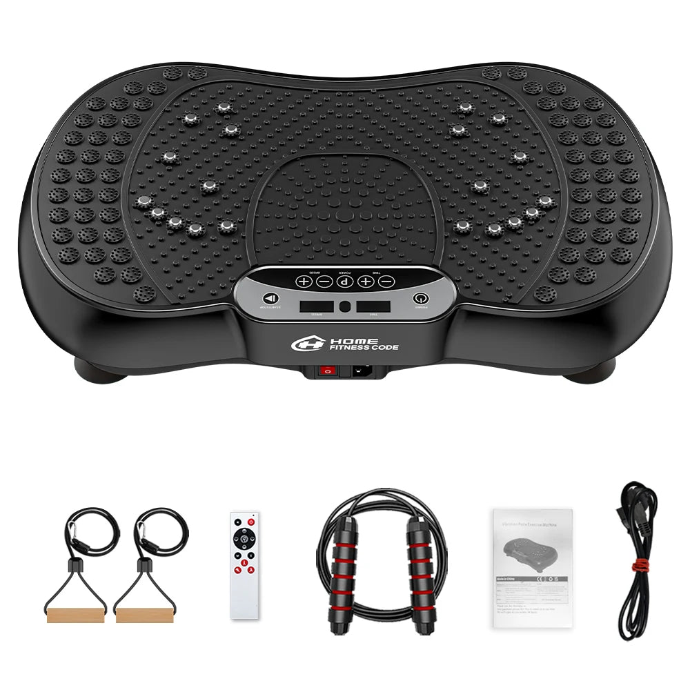 Black Elarvo Vibration Plate with accessories on a white background