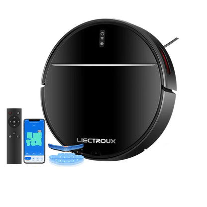 Black Elarvo robot vacuum cleaner with remote control and smartphone app on a white background, featuring LIECTROUX branding.