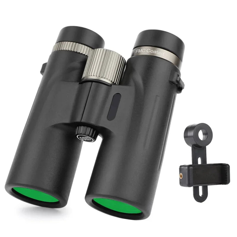 Black Bosco C9 Binoculars with green lenses on a white background