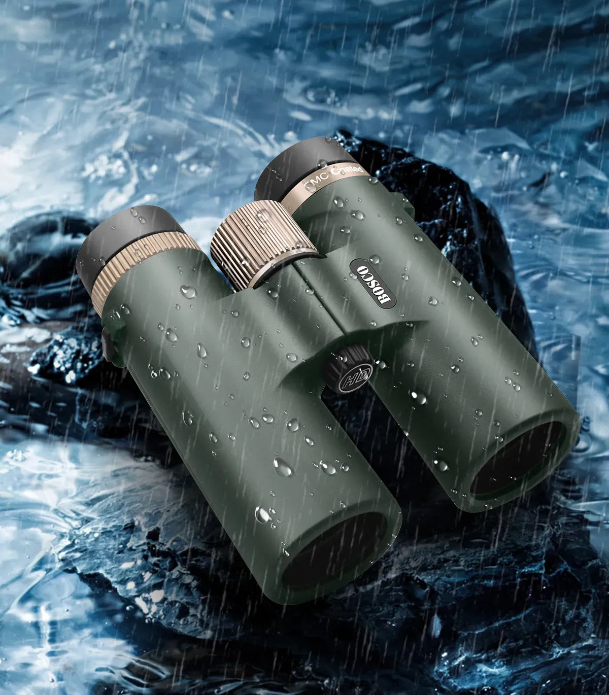 Green Bosco C9 Binoculars on a textured blue background