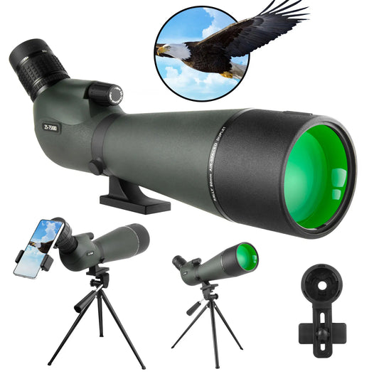 Bosco HD-7 Spotting Scope with smartphone holder and additional attachments on a white background, with an inset of an eagle.
