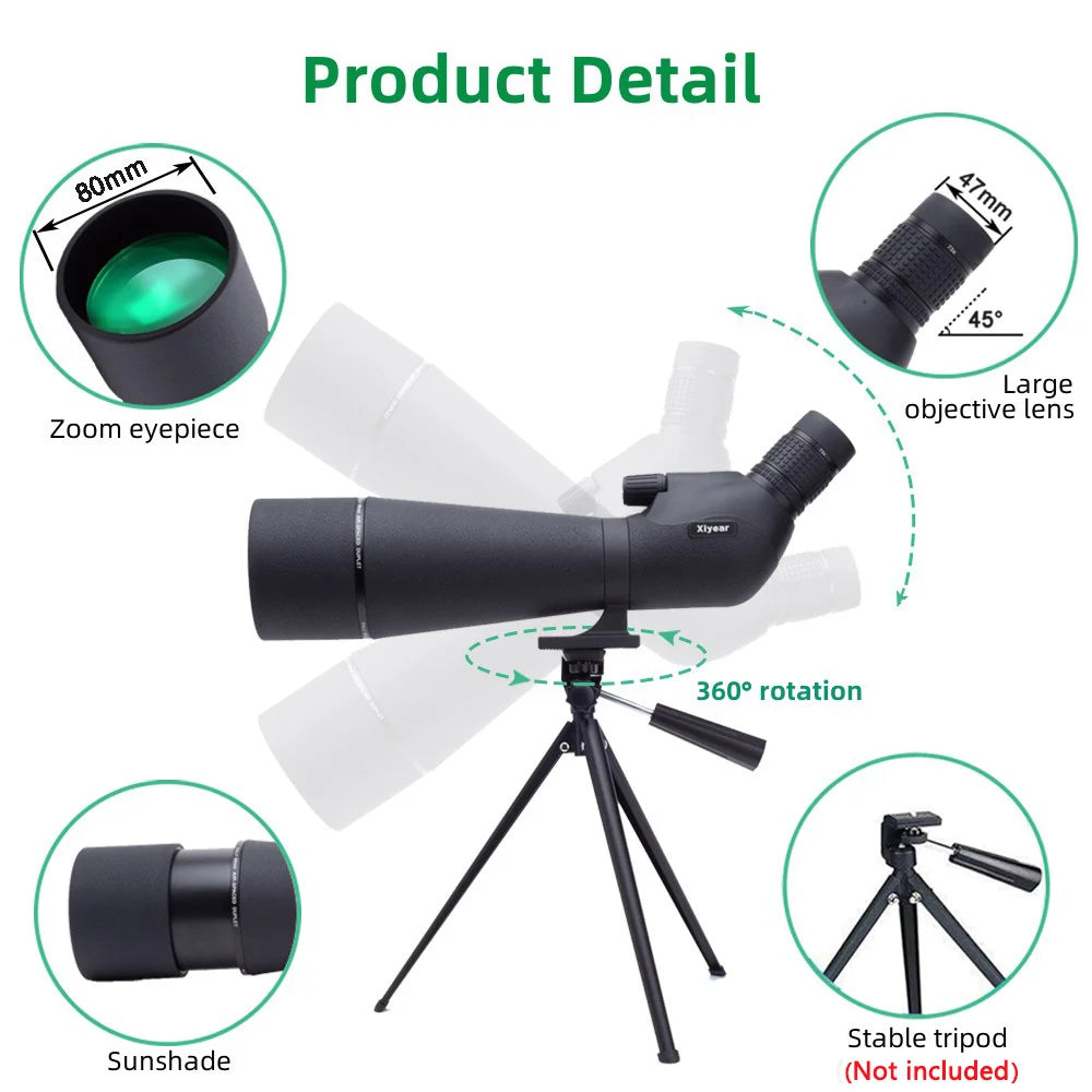 Bosco HD-7 Spotting Scope with zoom eyepiece, large objective lens, sunshade, and stable tripod on a white background.