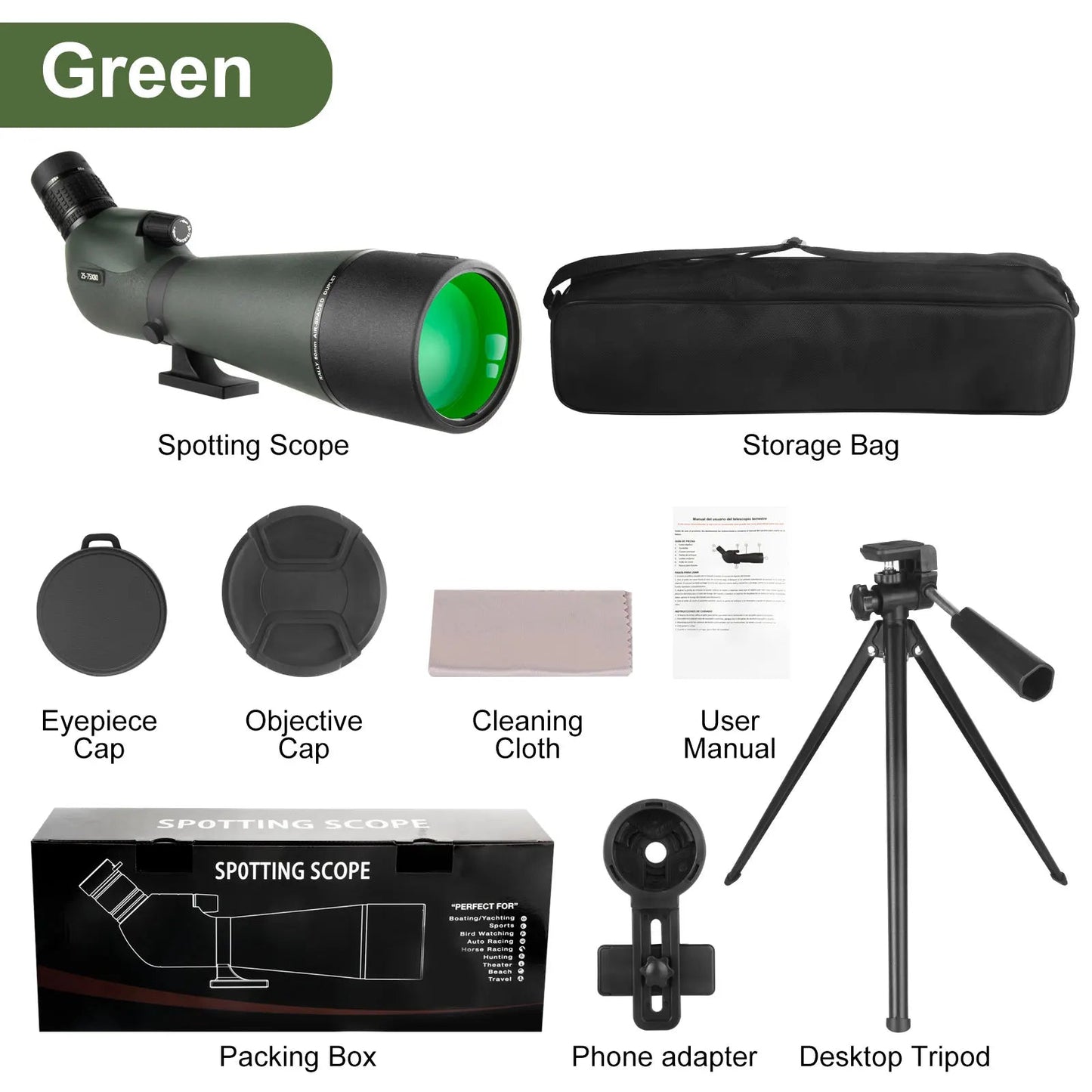 Bosco HD-7 Spotting Scope kit with accessories on a white background