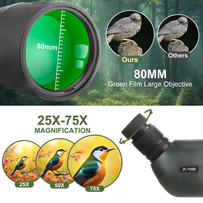 Bosco HD-7 Spotting Scope Optical lens with magnification details and bird images on a green forest background