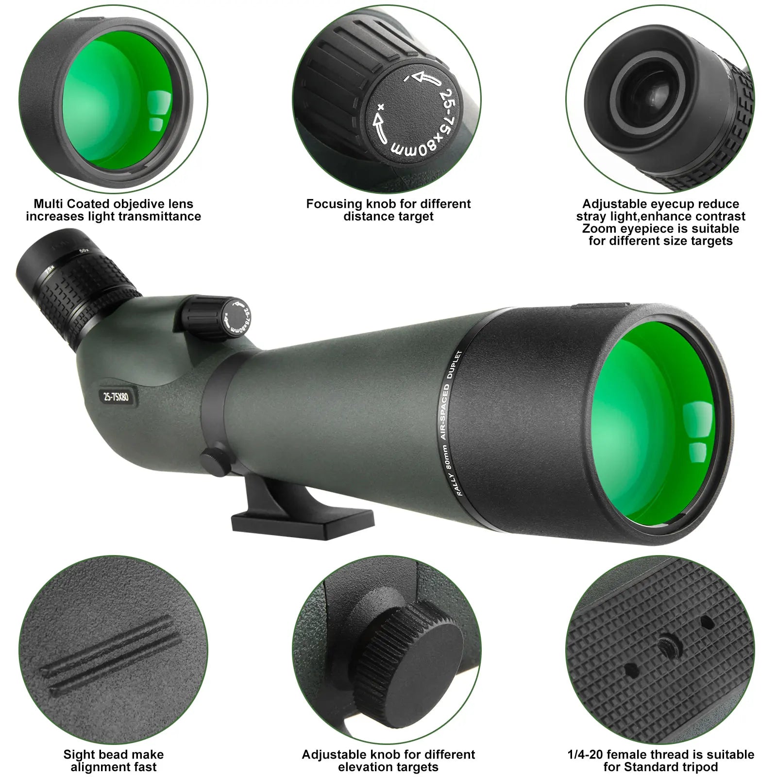 Bosco HD-7 Spotting Scope with close-up details on various parts labeled