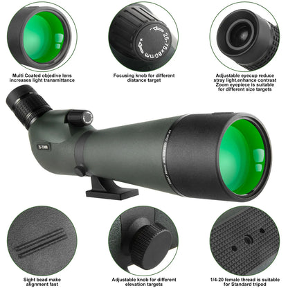 Bosco HD-7 Spotting Scope with close-up details on various parts labeled