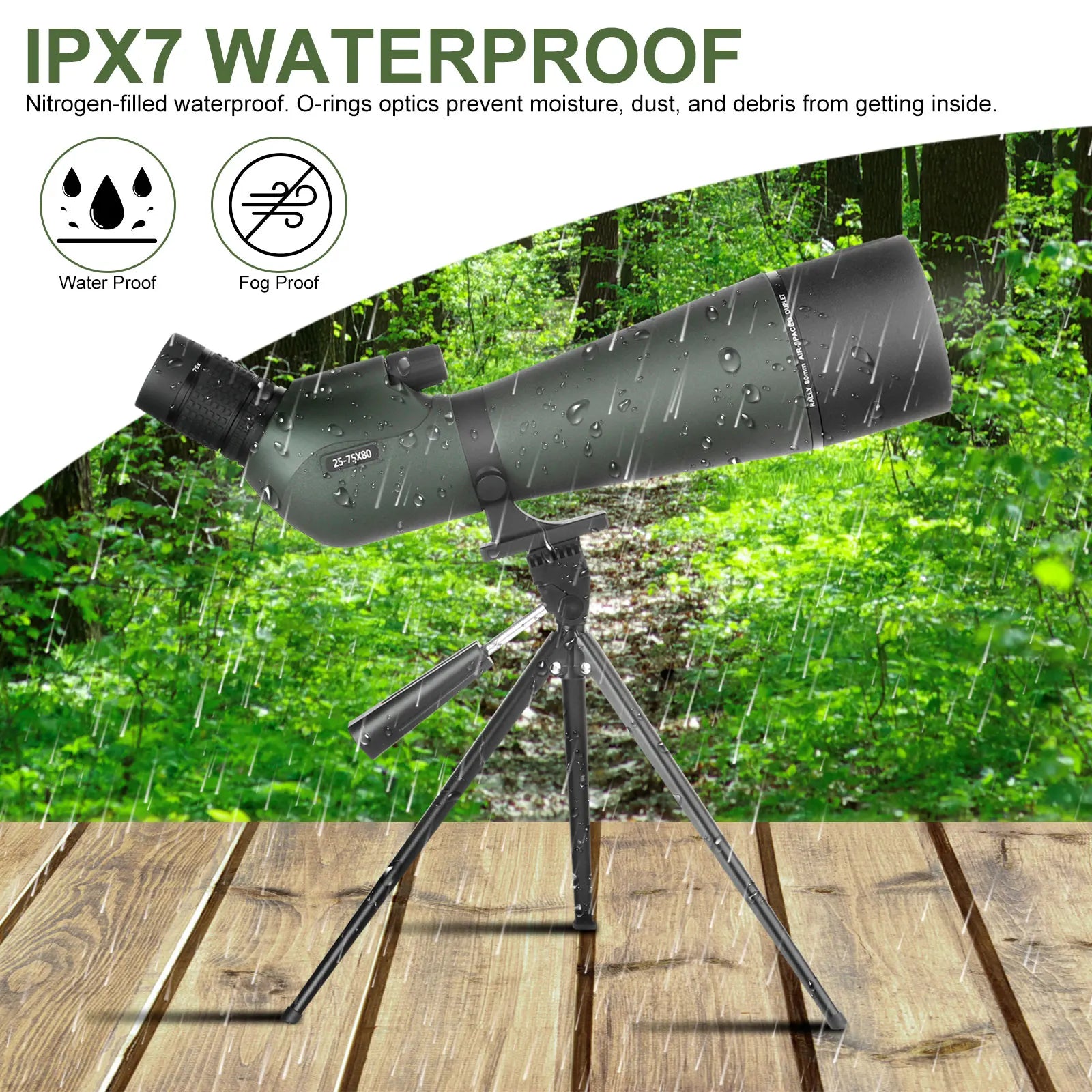 Bosco HD-7 Spotting Scope on a tripod with IPX7 waterproof and fog proof features against a forest background.
